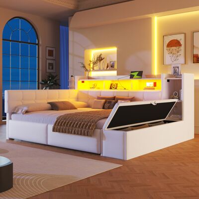 LEMONBEST Canapé-lit Banquette 140x190 Cm Lit De Jour Avec 2 Tiroirs, Ports Usb, Éclairage Led Et Banc De Rangement Au Pied - Velours - Blanc - Publicité LEMONBEST Canapé-lit Banquette 140x190 Cm Lit De Jour Avec 2 Tiroirs, Ports Usb, Éclairage Led Et Banc De Rangement Au Pied - Velours - Blanc - Publicité