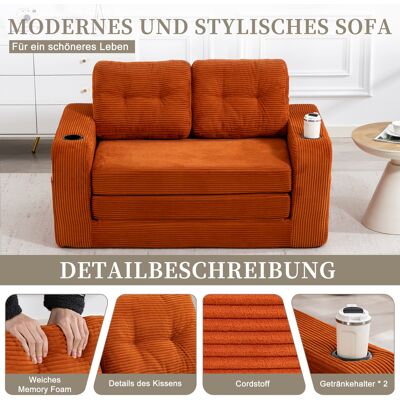 ALLAUVE Canapé 2 Places Velours Côtelé Orange Avec Porte-gobelets Et Poches Latérales, Pouf Convertible Double, Sofa Sans Cadre À Coussins Matelassés Et Dossier, Grand Canapé-pouf - Publicité ALLAUVE Canapé 2 Places Velours Côtelé Orange Avec Porte-gobelets Et Poches Latérales, Pouf Convertible Double, Sofa Sans Cadre À Coussins Matelassés Et Dossier, Grand Canapé-pouf - Publicité