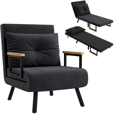 OEM Fauteuil Convertible 4 En 1 Lit 1 Place Dossier 5 Positions, Accoudoirs En Bois Et Coussin, Tissu Effet Velours, Noir - Publicité OEM Fauteuil Convertible 4 En 1 Lit 1 Place Dossier 5 Positions, Accoudoirs En Bois Et Coussin, Tissu Effet Velours, Noir - Publicité