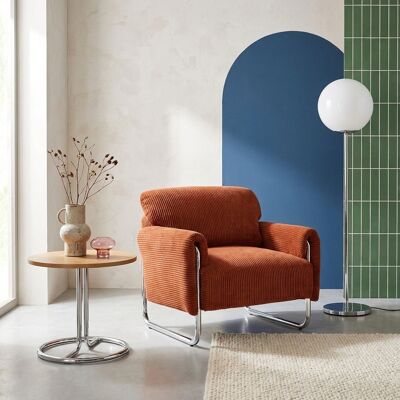 SWEEEK Fauteuil Vintage Velours Côtelé Armature Chromée Terracotta - Vintage - Publicité SWEEEK Fauteuil Vintage Velours Côtelé Armature Chromée Terracotta - Vintage - Publicité