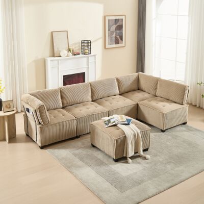 XISRENS Canapé Modulable 6 Places, Tissu Velours Côtelé, Ergonomique, Poches De Rangement, Combinable À Souhait En Forme De U/l/lit, Structure Robuste En Bois Et Métal, Montage Facile, Kaki - Publicité XISRENS Canapé Modulable 6 Places, Tissu Velours Côtelé, Ergonomique, Poches De Rangement, Combinable À Souhait En Forme De U/l/lit, Structure Robuste En Bois Et Métal, Montage Facile, Kaki - Publicité