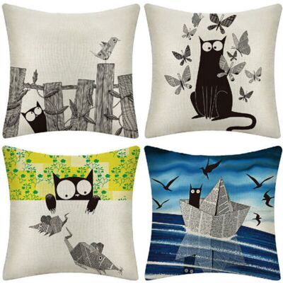 Bunthaus Lot De 4 Housses De Coussin Extérieures, Motif Chat Noir, 45x45 Cm, En Lin, Pour Canapé, Salon, Chambre, Lit. Publicité Bunthaus Lot De 4 Housses De Coussin Extérieures, Motif Chat Noir, 45x45 Cm, En Lin, Pour Canapé, Salon, Chambre, Lit. Publicité