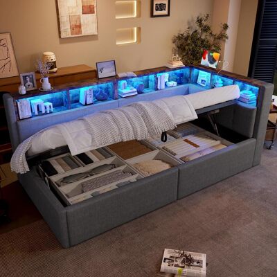 OEM Lit De Jour, Canapé-lit, 90 × 200 Cm, Ports Usb Et Type-c, Système De Rangement Hydraulique, Multiples Compartiments De Rangement, Éclairage Led Multicolore, Sans Matelas Ni Linge De Lit, Gris - Publicité OEM Lit De Jour, Canapé-lit, 90 × 200 Cm, Ports Usb Et Type-c, Système De Rangement Hydraulique, Multiples Compartiments De Rangement, Éclairage Led Multicolore, Sans Matelas Ni Linge De Lit, Gris - Publicité