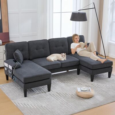 OEM Ce Grand Canapé Quatre Places En Forme De U Est Revêtu D'Un Lin Doux Et Présente Un Dossier Au Design Moderne, Deux Méridiennes, Des Pieds Robustes, - Publicité OEM Ce Grand Canapé Quatre Places En Forme De U Est Revêtu D'Un Lin Doux Et Présente Un Dossier Au Design Moderne, Deux Méridiennes, Des Pieds Robustes, - Publicité