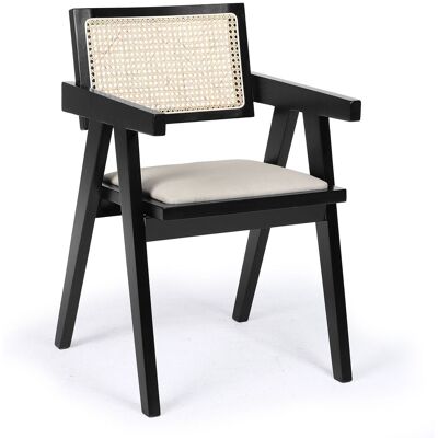 MENZZO Chaise Design Avec Accoudoirs Et Cannage Rotin Hiro Bois Foncé Et Tissu Beige - Publicité MENZZO Chaise Design Avec Accoudoirs Et Cannage Rotin Hiro Bois Foncé Et Tissu Beige - Publicité