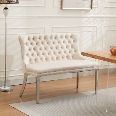 XISRENS Banquette De Salle À Manger Deux Places En Velours, Assise Capitonnée Avec Boutons Faits Main, Dossier À Oreilles, Pieds En Acier Inoxydable Argenté Brossé, Style Moderne Du Milieu Du Siècle, Emballag - Publicité XISRENS Banquette De Salle À Manger Deux Places En Velours, Assise Capitonnée Avec Boutons Faits Main, Dossier À Oreilles, Pieds En Acier Inoxydable Argenté Brossé, Style Moderne Du Milieu Du Siècle, Emballag - Publicité