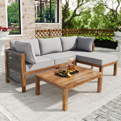 OEM Ensemble Salon D'Angle 3 Pièces Cadre Acajou Accoudoirs Corde Gris 2 Canapés 2 Places + Table Pieds Ajustables - Publicité OEM Ensemble Salon D'Angle 3 Pièces Cadre Acajou Accoudoirs Corde Gris 2 Canapés 2 Places + Table Pieds Ajustables - Publicité