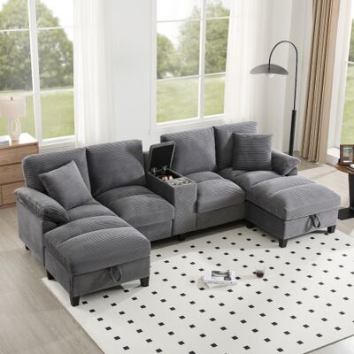 AUDIONOVA Spacieux Canapé D'Angle En U 4 Places Avec Rangements, Revêtement En Velours Côtelé Surdimensionné Et Coussins, Porte-gobelets En Acier Inoxydable Et Deux Ports Usb — Idéal Pour Salons, Chambres Et Ap - Publicité AUDIONOVA Spacieux Canapé D'Angle En U 4 Places Avec Rangements, Revêtement En Velours Côtelé Surdimensionné Et Coussins, Porte-gobelets En Acier Inoxydable Et Deux Ports Usb — Idéal Pour Salons, Chambres Et Ap - Publicité