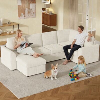 MODERNLUXE Canapé D'Angle En Velours Côtelé En Forme De L - Avec Accoudoirs - 1 Repose-pieds Portable - Beige - Publicité MODERNLUXE Canapé D'Angle En Velours Côtelé En Forme De L - Avec Accoudoirs - 1 Repose-pieds Portable - Beige - Publicité