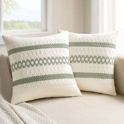 Vision Lot De 2 Housses De Coussin Décoratives Style Bohème Vert Sauge 45x 45 Cm, En Coton Rustique Et Moderne, Pour Lit, Canapé, Chaise - Publicité Vision Lot De 2 Housses De Coussin Décoratives Style Bohème Vert Sauge 45x 45 Cm, En Coton Rustique Et Moderne, Pour Lit, Canapé, Chaise - Publicité