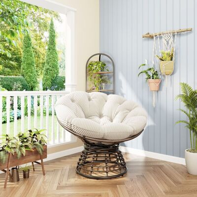 MIDUODUO Chaise Papasan Osier Pivotante 360° Coussin Blanc Velours Côtelé Cadre Marron,aménagement Confortable Salon Et Chambre. Publicité MIDUODUO Chaise Papasan Osier Pivotante 360° Coussin Blanc Velours Côtelé Cadre Marron,aménagement Confortable Salon Et Chambre. Publicité