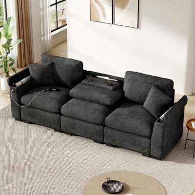 XISRENS Canapé Trois Places Moderne En Chenille, Canapé En Tissu Avec Coussins, Table Pliante Avec Port Usb, Porte-gobelet Et Espace De Rangement, Un Canapé Multifonctionnel Adapté Aux Bureaux, Appartements E - Publicité XISRENS Canapé Trois Places Moderne En Chenille, Canapé En Tissu Avec Coussins, Table Pliante Avec Port Usb, Porte-gobelet Et Espace De Rangement, Un Canapé Multifonctionnel Adapté Aux Bureaux, Appartements E - Publicité