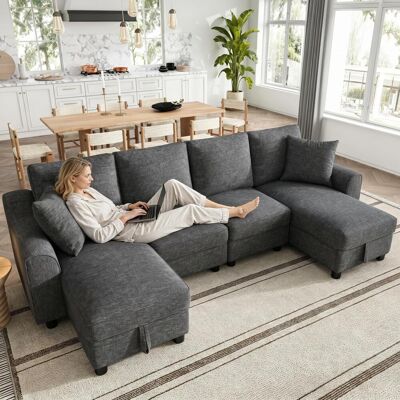 ACKERMAN Canapé D'Angle Moderne En Chenille, Deux Places, Avec Deux Méridiennes Et Deux Coussins. Les Méridiennes Sont Dotées D'Un Espace De Rangement Pliable. Canapé Modulable Multifonctionnel, Gris, 280 × 13 - Publicité ACKERMAN Canapé D'Angle Moderne En Chenille, Deux Places, Avec Deux Méridiennes Et Deux Coussins. Les Méridiennes Sont Dotées D'Un Espace De Rangement Pliable. Canapé Modulable Multifonctionnel, Gris, 280 × 13 - Publicité