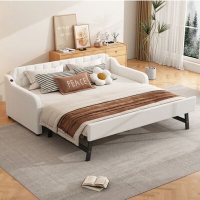 ACKERMAN Canapé-lit 90 X 200 Cm, Lit De Jour, Avec Lit Roulant Extractible, Port Usb, Beige - Publicité ACKERMAN Canapé-lit 90 X 200 Cm, Lit De Jour, Avec Lit Roulant Extractible, Port Usb, Beige - Publicité