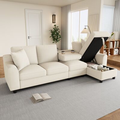 LEMONBEST Canapé D’angle L 4 Places 280x136x82 Cm, Avec Méridienne Coffre, Dossier Rabattable Et Porte-gobelets, Tissu Chenille, Beige - Publicité LEMONBEST Canapé D’angle L 4 Places 280x136x82 Cm, Avec Méridienne Coffre, Dossier Rabattable Et Porte-gobelets, Tissu Chenille, Beige - Publicité
