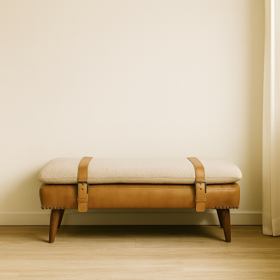 ACKERMAN Banc En Peau De Buffle Bouclé Brun Tan En Bois Massif - Publicité ACKERMAN Banc En Peau De Buffle Bouclé Brun Tan En Bois Massif - Publicité