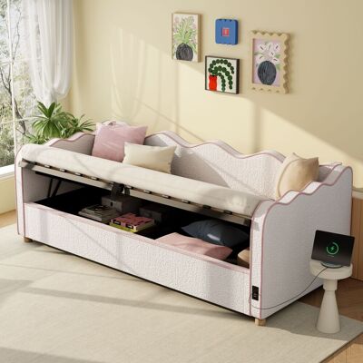 LEMONBEST Lit Banquette Coffre 90 X 200 Cm, Canapé-lit Avec Rangement Hydraulique, Usb/type-c Et Dossier Arrondi, Revêtement Bouclé, Beige - Publicité LEMONBEST Lit Banquette Coffre 90 X 200 Cm, Canapé-lit Avec Rangement Hydraulique, Usb/type-c Et Dossier Arrondi, Revêtement Bouclé, Beige - Publicité