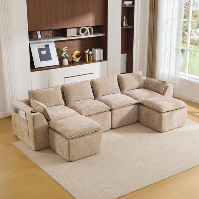 HAUSS SPOLE Canapé D'Angle 4 Places Chenille, Canapé Modulaire Avec 2 Poufs, Poches Latérales Et Porte-gobelet, 322x161x75 Cm, Kaki - Publicité HAUSS SPOLE Canapé D'Angle 4 Places Chenille, Canapé Modulaire Avec 2 Poufs, Poches Latérales Et Porte-gobelet, 322x161x75 Cm, Kaki - Publicité