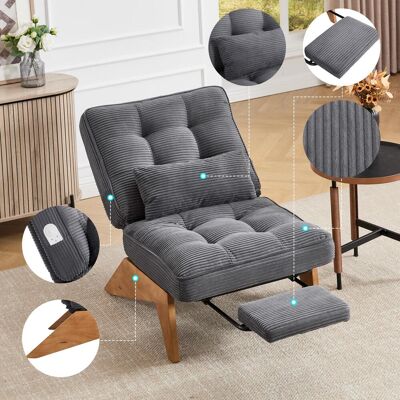 OEM Fauteuil Lounge Moderne Sans Dossier Réglable En Tissu Avec Repose-pieds, Coussin Lombaire Et Pieds En Bois Pour Salon/chambre/bureau (velours Côtelé Gris) - Publicité OEM Fauteuil Lounge Moderne Sans Dossier Réglable En Tissu Avec Repose-pieds, Coussin Lombaire Et Pieds En Bois Pour Salon/chambre/bureau (velours Côtelé Gris) - Publicité