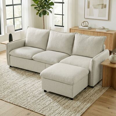 OEM Canapé D'Angle Modulable 3 Places 212cm - Pouf De Rangement Inclus, Coussins À Ressorts, Tissu Lin, Crème - Publicité OEM Canapé D'Angle Modulable 3 Places 212cm - Pouf De Rangement Inclus, Coussins À Ressorts, Tissu Lin, Crème - Publicité