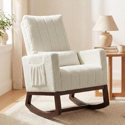 OEM Fauteuil À Bascule, Rocking Chair En Flanelle Neige Rembourré, Coussin Lombaire, Dossier Haut, Poches Latérales, Crème - Publicité OEM Fauteuil À Bascule, Rocking Chair En Flanelle Neige Rembourré, Coussin Lombaire, Dossier Haut, Poches Latérales, Crème - Publicité