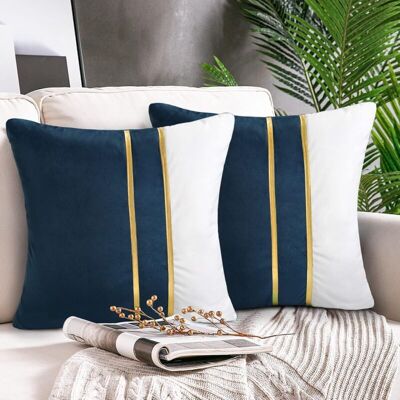 XVX Taie D’oreiller Décorative En Velours Bleu Foncé, 45 X 45 Cm, Lot De 2 Avec Finitions Cuir Doré – Pour Canapé, Salon Ou Chambre - Publicité XVX Taie D’oreiller Décorative En Velours Bleu Foncé, 45 X 45 Cm, Lot De 2 Avec Finitions Cuir Doré – Pour Canapé, Salon Ou Chambre - Publicité