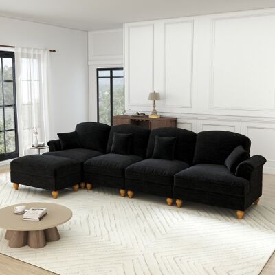 XISRENS Canapé D'Angle Modulable Classique 4 Places En Chenille Avec Accoudoirs En Forme D'Entonnoir, Ceinture À Volants Amovible, Pieds Fuselés Et Pouf Amovible – Assise Profonde Et Confortable Pour Le Salon - Publicité XISRENS Canapé D'Angle Modulable Classique 4 Places En Chenille Avec Accoudoirs En Forme D'Entonnoir, Ceinture À Volants Amovible, Pieds Fuselés Et Pouf Amovible – Assise Profonde Et Confortable Pour Le Salon - Publicité