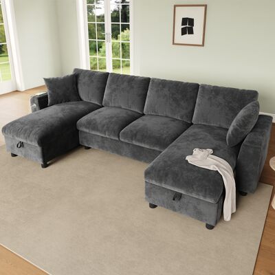 LEMONBEST Canapé U Moderne 4 Places 284x135x84 Cm, Avec 2 Méridiennes Coffres, Port Usb, Type-c Et Rangement Intégré, Tissu Chenille, Gris - Publicité LEMONBEST Canapé U Moderne 4 Places 284x135x84 Cm, Avec 2 Méridiennes Coffres, Port Usb, Type-c Et Rangement Intégré, Tissu Chenille, Gris - Publicité
