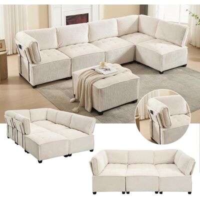 OEM Canapé Modulable 6 Places De 308 Cm De Long, En Velours Côtelé, Ergonomique, Avec Poches De Rangement, Modulable En U, En L Ou Convertible, Structure Robuste En Bois Et Métal, Montage Facile, Beige - Publicité OEM Canapé Modulable 6 Places De 308 Cm De Long, En Velours Côtelé, Ergonomique, Avec Poches De Rangement, Modulable En U, En L Ou Convertible, Structure Robuste En Bois Et Métal, Montage Facile, Beige - Publicité