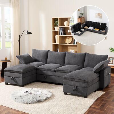 LEMONBEST Canapé D’angle Modulable 6 Places 280x152x83 Cm, Avec Poufs, Ports Usb, Rangements Et Porte-gobelets, Velours Côtelé, Gris - Publicité LEMONBEST Canapé D’angle Modulable 6 Places 280x152x83 Cm, Avec Poufs, Ports Usb, Rangements Et Porte-gobelets, Velours Côtelé, Gris - Publicité