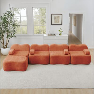 BEAOK Canapé D’angle Modulaire 4 Places En Velours Orange Avec Ottoman, Sans Cadre, Forme Ondulée - Publicité BEAOK Canapé D’angle Modulaire 4 Places En Velours Orange Avec Ottoman, Sans Cadre, Forme Ondulée - Publicité