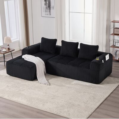 BEAOK Canapé Modulaire En Velours Côtelé Noir 253 X 158 Cm Avec Poches Latérales, Porte-gobelets Et 3 Coussins - Publicité BEAOK Canapé Modulaire En Velours Côtelé Noir 253 X 158 Cm Avec Poches Latérales, Porte-gobelets Et 3 Coussins - Publicité