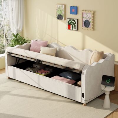 LEMONBEST Lit Banquette Coffre 90 X 200 Cm, Canapé-lit Avec Rangement Hydraulique, Usb/type-c Et Dossier Arrondi, Revêtement Velours, Beige - Publicité LEMONBEST Lit Banquette Coffre 90 X 200 Cm, Canapé-lit Avec Rangement Hydraulique, Usb/type-c Et Dossier Arrondi, Revêtement Velours, Beige - Publicité