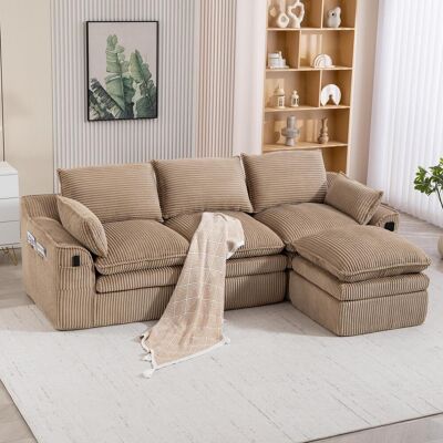 OEM Canapé Modulable Trois Places En Velours Côtelé (avec Repose-pieds) – Comprend Des Coussins De Dossier Et Deux Poches Latérales, - Publicité OEM Canapé Modulable Trois Places En Velours Côtelé (avec Repose-pieds) – Comprend Des Coussins De Dossier Et Deux Poches Latérales, - Publicité