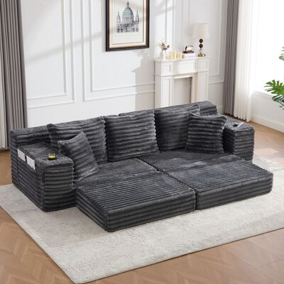 ARRIGONI Canapé Compressé En Tissu Côtelé Avec Dossier Haut Et Coussins Supplémentaires, Poches Et Porte-gobelets Des Deux Côtés, Modulable En Canapé-lit, Rembourrage Moelleux Pour Un Confort Maximal, Gris Fon - Publicité ARRIGONI Canapé Compressé En Tissu Côtelé Avec Dossier Haut Et Coussins Supplémentaires, Poches Et Porte-gobelets Des Deux Côtés, Modulable En Canapé-lit, Rembourrage Moelleux Pour Un Confort Maximal, Gris Fon - Publicité