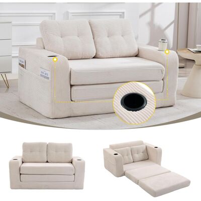 OEM Canapé Deux Places En Velours Côtelé Avec Porte-gobelets Et Poches Latérales, Pouf Double Convertible, Canapé Deux Places Sans Cadre Avec Coussins Et Dossier Matelassés, Grand Pouf (velours Côtelé Bei - Publicité OEM Canapé Deux Places En Velours Côtelé Avec Porte-gobelets Et Poches Latérales, Pouf Double Convertible, Canapé Deux Places Sans Cadre Avec Coussins Et Dossier Matelassés, Grand Pouf (velours Côtelé Bei - Publicité
