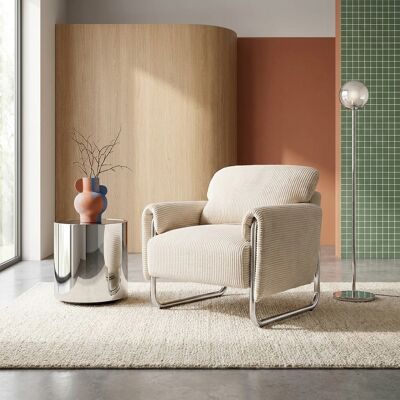 SWEEEK Fauteuil Vintage Velours Côtelé Armature Chromée Blanc Cassé - Vintage - Publicité SWEEEK Fauteuil Vintage Velours Côtelé Armature Chromée Blanc Cassé - Vintage - Publicité