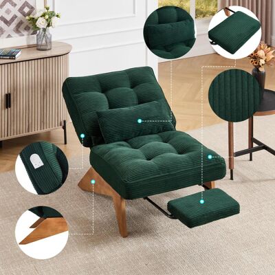 OEM Fauteuil Lounge Moderne Sans Dossier Réglable En Tissu Avec Repose-pieds, Coussin Lombaire Et Pieds En Bois Pour Salon/chambre/bureau (velours Côtelé Vert Foncé) - Publicité OEM Fauteuil Lounge Moderne Sans Dossier Réglable En Tissu Avec Repose-pieds, Coussin Lombaire Et Pieds En Bois Pour Salon/chambre/bureau (velours Côtelé Vert Foncé) - Publicité