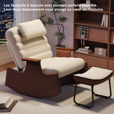 BRILVERDE Fauteuil À Bascule Beige Avec Repose-pieds, Rocking Chair Relax Dossier Réglable 3 Positions, Appui-tête, Tissu Velours Côtelé, Accoudoirs Pu Marron, Charge 300 Kg - Publicité BRILVERDE Fauteuil À Bascule Beige Avec Repose-pieds, Rocking Chair Relax Dossier Réglable 3 Positions, Appui-tête, Tissu Velours Côtelé, Accoudoirs Pu Marron, Charge 300 Kg - Publicité