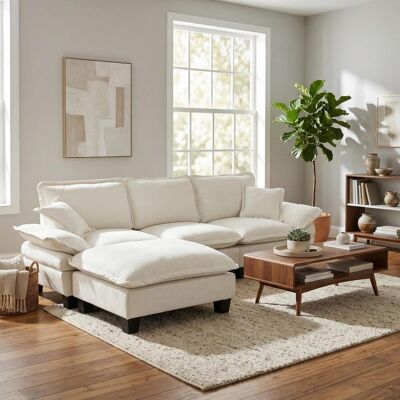 OEM Canapé D'Angle Modulable, Canapé Nuage En Forme De L, Design Voilier, Comprend Un Pouf Amovible Et Deux Coussins Moelleux, Tissu Chenille Confortable, Convient Aux Salons Et Appartements, Beige. Publicité OEM Canapé D'Angle Modulable, Canapé Nuage En Forme De L, Design Voilier, Comprend Un Pouf Amovible Et Deux Coussins Moelleux, Tissu Chenille Confortable, Convient Aux Salons Et Appartements, Beige. Publicité