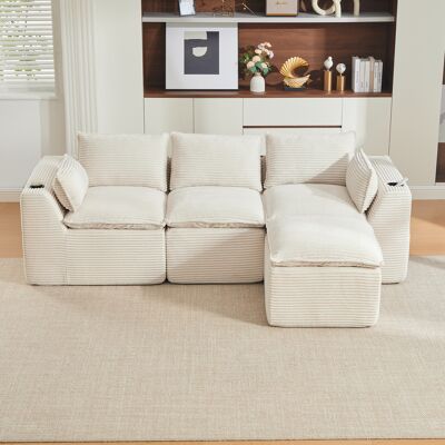 LEMONBEST Canapé Modulable 256 X 161 X 75 Cm Avec Pouf Range Boissons 2 Poches ,3 Places ,velours,beige - Publicité LEMONBEST Canapé Modulable 256 X 161 X 75 Cm Avec Pouf Range Boissons 2 Poches ,3 Places ,velours,beige - Publicité