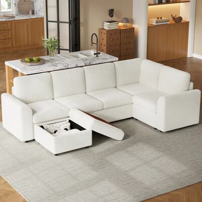 SANS MARQUE Canapé D’angle Moderne En Velours Côtelé, Design L Avec Accoudoirs, 1 Pouf Multifonction Amovible, Mousse Haute Densité, Beige - Publicité SANS MARQUE Canapé D’angle Moderne En Velours Côtelé, Design L Avec Accoudoirs, 1 Pouf Multifonction Amovible, Mousse Haute Densité, Beige - Publicité