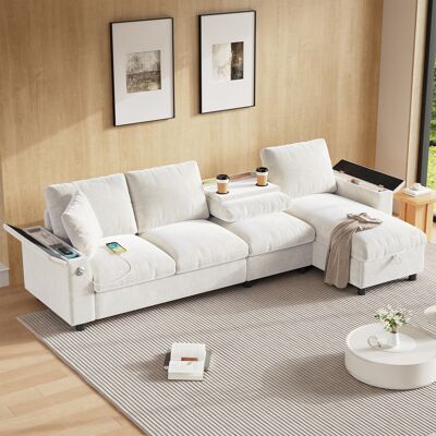 LEMONBEST Canapé D’angle Réversible 4 Places Beige En Chenille, Canapé En L Avec Accoudoirs De Rangement, Tablette Rabattable, Porte-gobelets, Usb Et Usb-c - Publicité LEMONBEST Canapé D’angle Réversible 4 Places Beige En Chenille, Canapé En L Avec Accoudoirs De Rangement, Tablette Rabattable, Porte-gobelets, Usb Et Usb-c - Publicité