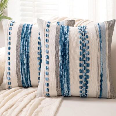Vision Lot De 2 Housses De Coussin Bohème 45 X 45 Cm, Style Ferme, Décoratives, Carrées, Rayées, En Chenille, Pour Canapé-lit, Bleu Ciel - Publicité Vision Lot De 2 Housses De Coussin Bohème 45 X 45 Cm, Style Ferme, Décoratives, Carrées, Rayées, En Chenille, Pour Canapé-lit, Bleu Ciel - Publicité