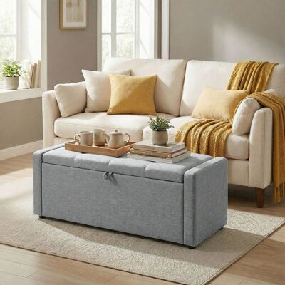 OEM Homcom Banc De Rangement Bout De Lit Repose-pieds - Rembourré En Lin, Assise Large, 122x48x44cm, Gris Clair - Publicité OEM Homcom Banc De Rangement Bout De Lit Repose-pieds - Rembourré En Lin, Assise Large, 122x48x44cm, Gris Clair - Publicité