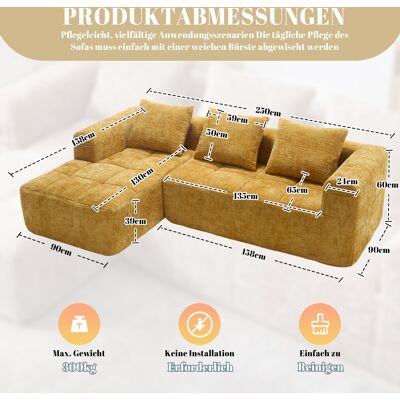 MIDUODUO Canapé Sectionnel Moderne En L 3 Places,sans Montage,chenille,chaise Longue,accoudoirs,3 Coussins,poche Latérale. Jaune. Publicité MIDUODUO Canapé Sectionnel Moderne En L 3 Places,sans Montage,chenille,chaise Longue,accoudoirs,3 Coussins,poche Latérale. Jaune. Publicité