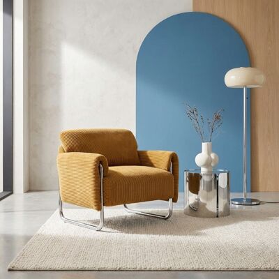 SWEEEK Fauteuil Vintage Velours Côtelé Armature Chromée Moutarde - Vintage - Publicité SWEEEK Fauteuil Vintage Velours Côtelé Armature Chromée Moutarde - Vintage - Publicité