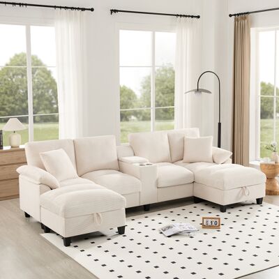 LEMONBEST Canapé En U 4 Places 293x142x93 Cm Velours Côtelé Beige Avec Double Usb, Porte-gobelets Inox Et Rangements - Publicité LEMONBEST Canapé En U 4 Places 293x142x93 Cm Velours Côtelé Beige Avec Double Usb, Porte-gobelets Inox Et Rangements - Publicité