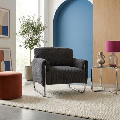 SWEEEK Fauteuil Vintage Velours Côtelé Armature Chromée Anthracite - Vintage - Publicité SWEEEK Fauteuil Vintage Velours Côtelé Armature Chromée Anthracite - Vintage - Publicité