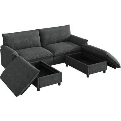 SANS MARQUE Canapé D’angle Modulable Noir– Assise Nuage– Avec 2 Repose-pieds Mobiles Et Rangements Cachés– Tissu Chenille- 216×82×77 Cm - Publicité SANS MARQUE Canapé D’angle Modulable Noir– Assise Nuage– Avec 2 Repose-pieds Mobiles Et Rangements Cachés– Tissu Chenille- 216×82×77 Cm - Publicité